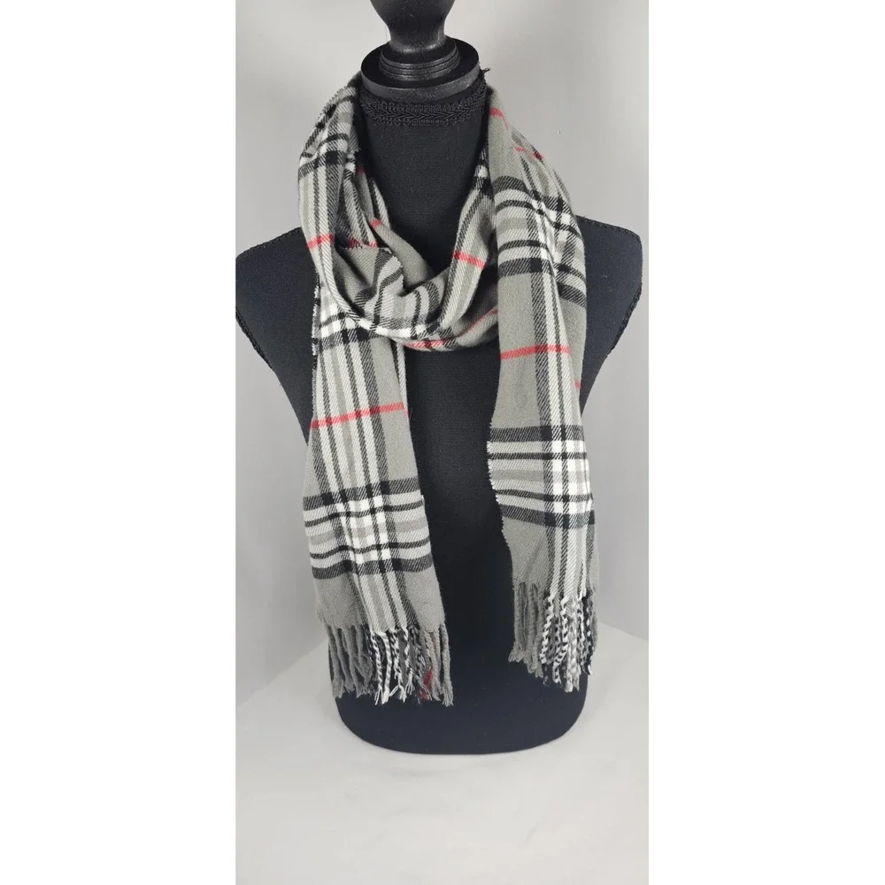 Cashmere‎ Blend Plaid Scarf Gray Black Red Fringe Soft Winter Italy Design